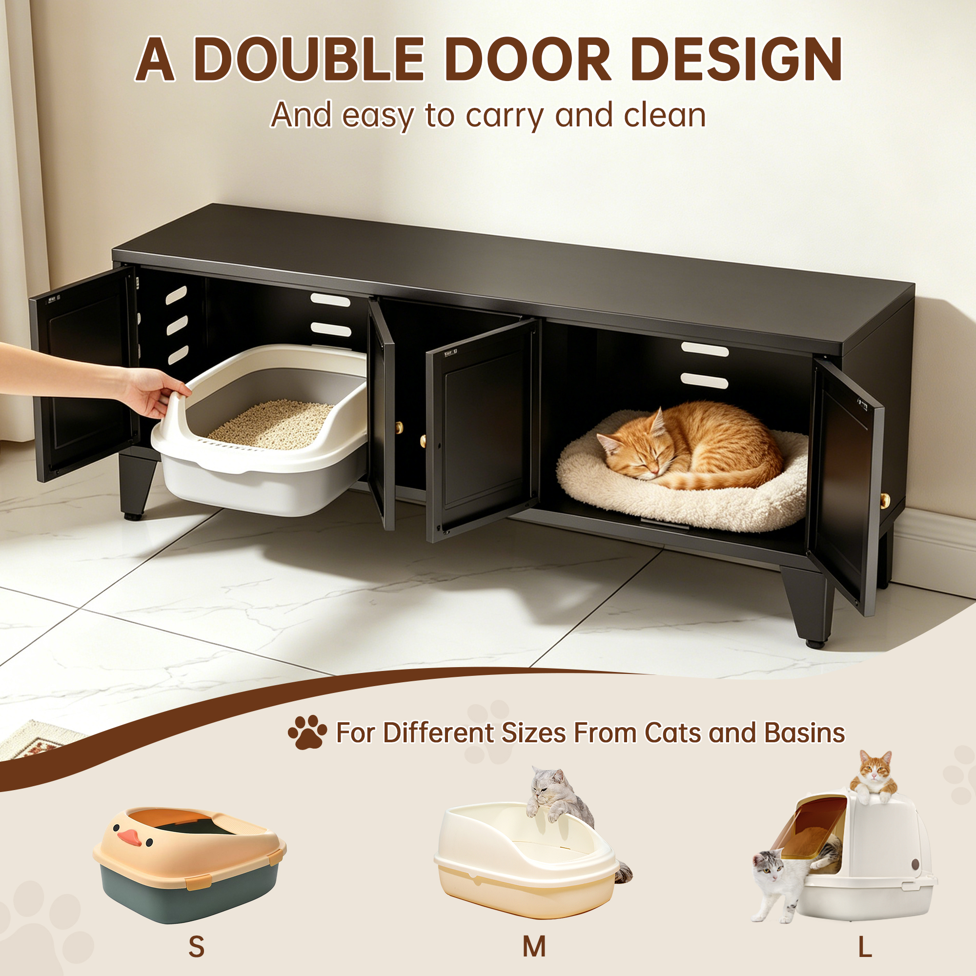 Mueble Cubridor de Arenero Metálico de 58", Mueble Ocultador de Arenero para 2 Gatos, Casa Interior Grande para Gatos, Mueble para TV con Ventilación y 2 Compartimentos, Baño para Mascotas Moderno Negro con Patas Ajustables — imagen 2