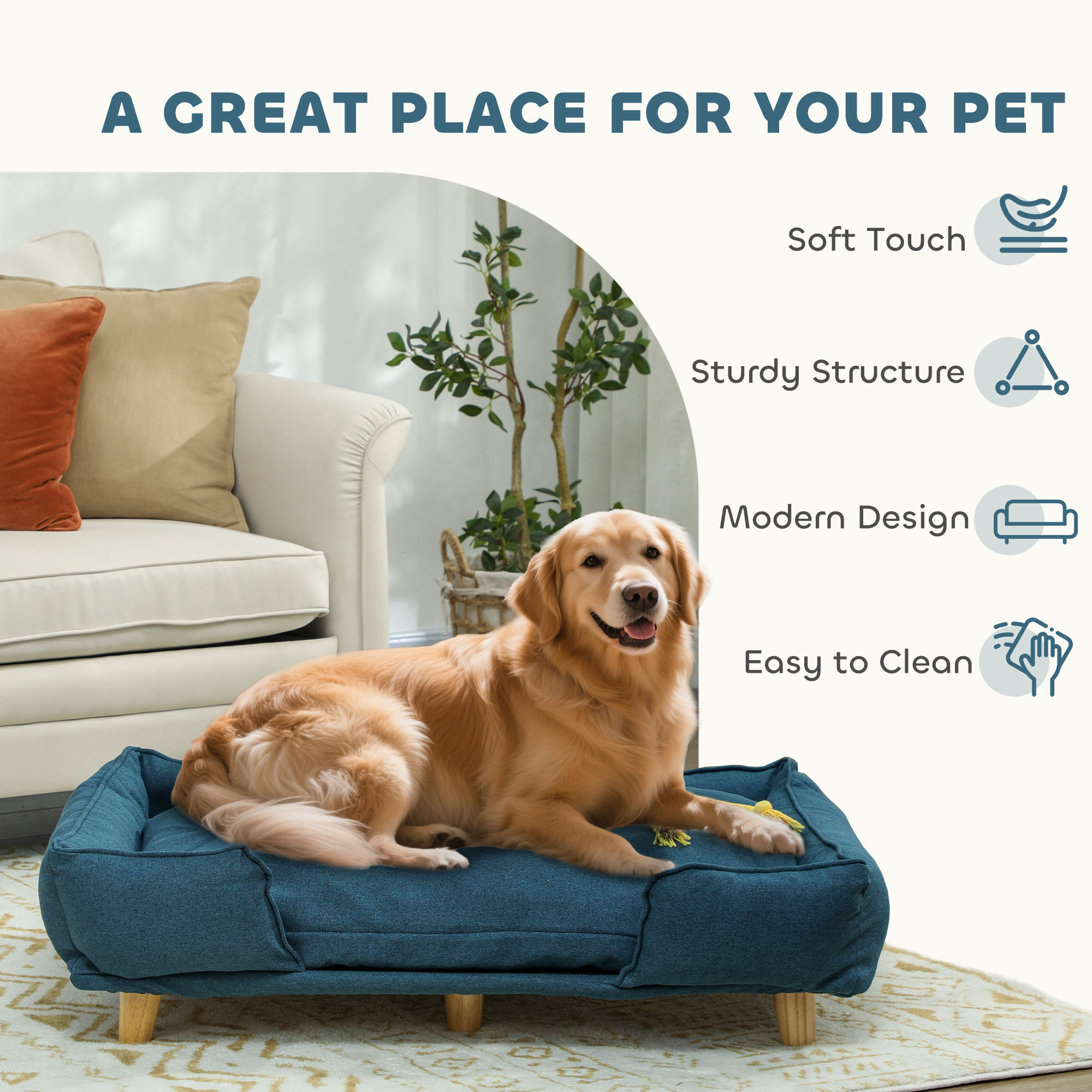 Silla de Perro Elevada con Almohadilla Cómoda, Patas de Madera de Pino, Piezas Antideslizantes para Perros Grandes Uso Interior Azul Oscuro — imagen 5