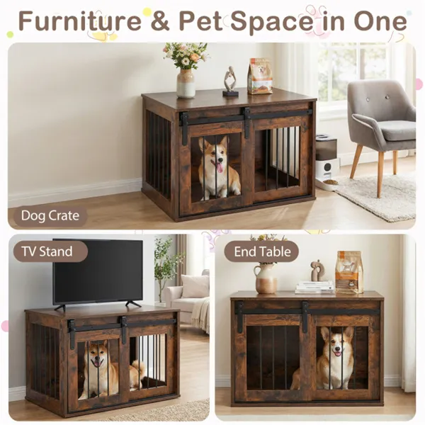 Jaula-Mueble para Perro de 31.5" con Puerta Corrediza Estilo Granero, Mesa Auxiliar/Casa para Perro de Madera para Interiores - Marrón Rústico — imagen 4