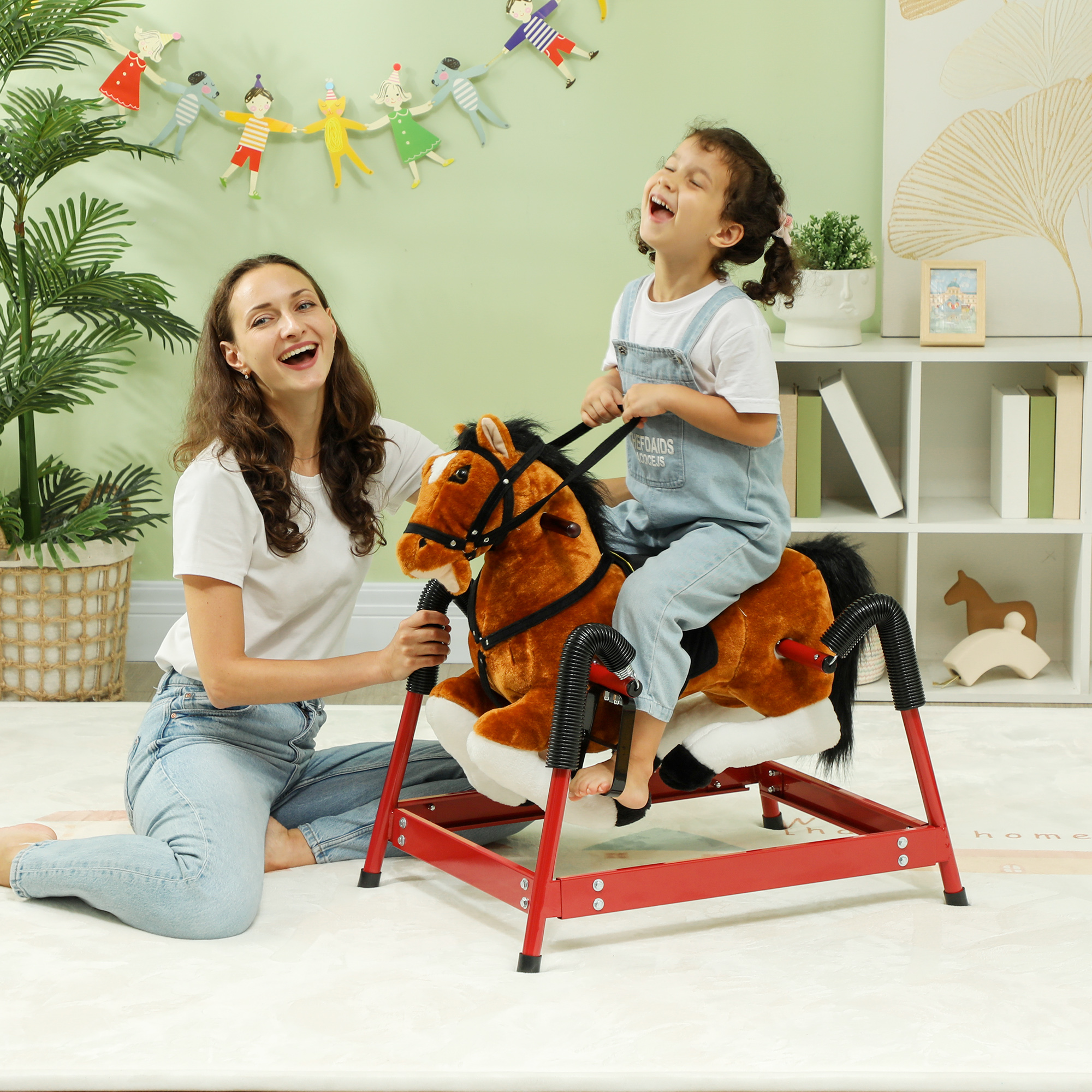 Spring Rocking Horse, Kids Ride On Horse, Plush Horse Ride-on W/ Sounds & Foot Stirrups For Kids 3-8 Years, Brown — image 1