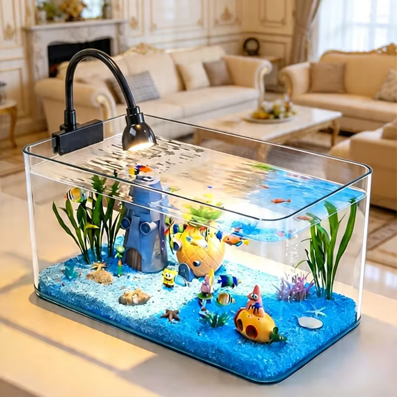Tanque de Peces Transparente para Mesa, Idóneo para Decoración Oficina y Hogar, Forma Trapezoideada (Sin Paisajes ni Piedras) — imagen 1
