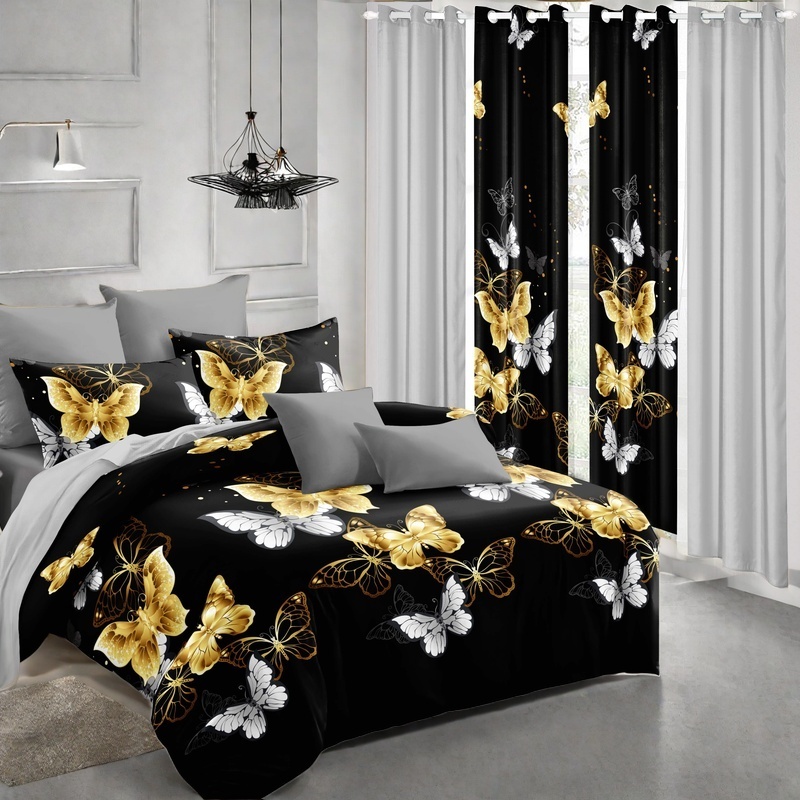Set de Edredón y Cortinas de 9 Piezas 'Habitación en una Bolsa', Diseño Americano con Estampado de Mariposas Negro y Dorado, Colcha Gruesa con 6 Paneles de Cortina Personalizables, Apto para Mascotas de Alto Gramaje — imagen 2