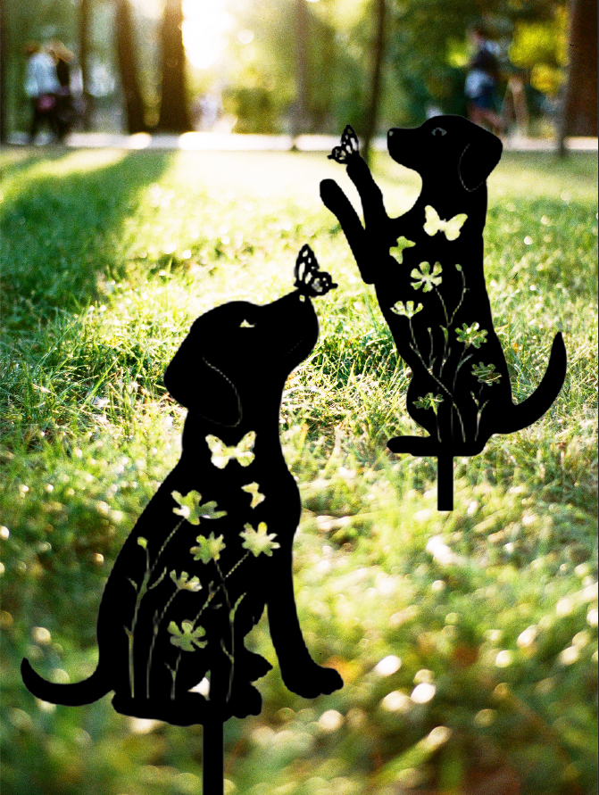 2 decoraciones de jardín de perro metálicas, adorables estacas con silueta de cachorro, decorativas para exteriores — imagen 5