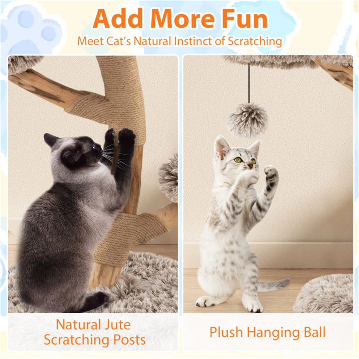 4-Level Natural Pear Wood Cat Tree - 19.5"x35.5", Jute Scratch Posts + Plush Ball, Long Plush — image 3