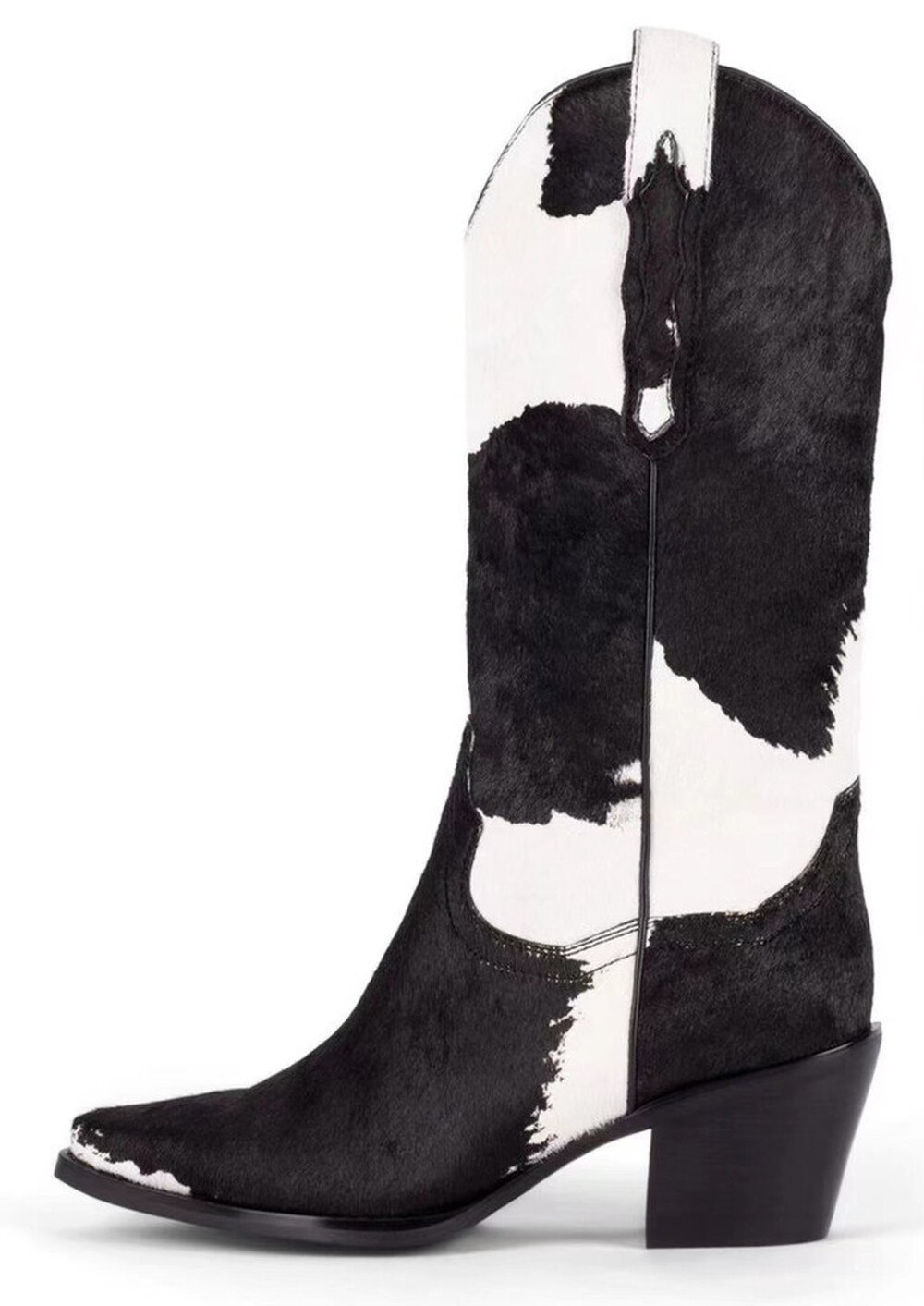 Womens Pointed Toe Real Horse Fur Mid Calf Boots Chunky Heel Shoes Genuine Leather Chelsea Western Cowboy — image 17