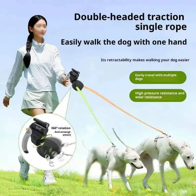 Correa Retráctil Automática de Doble Cabezal para 2 Perros, 3M, con Linterna LED, Cuerda de Tracción Dual 360 Grados — imagen 4