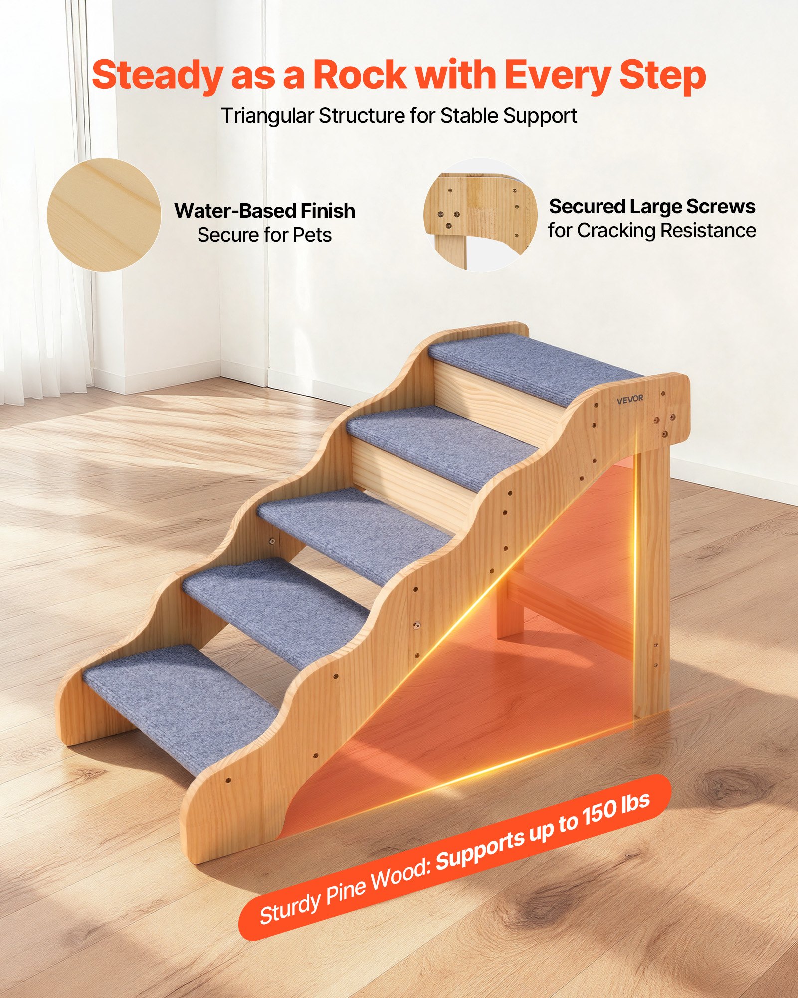 Escaleras de Madera para Mascotas, 5 Pasos para Camas Altas, Sofás y Coches, Capacidad de Carga 150lbs, Superficie Antideslizante, Escalera Segura para Gatos y Perros Pequeños, Medianos y Grandes — imagen 5