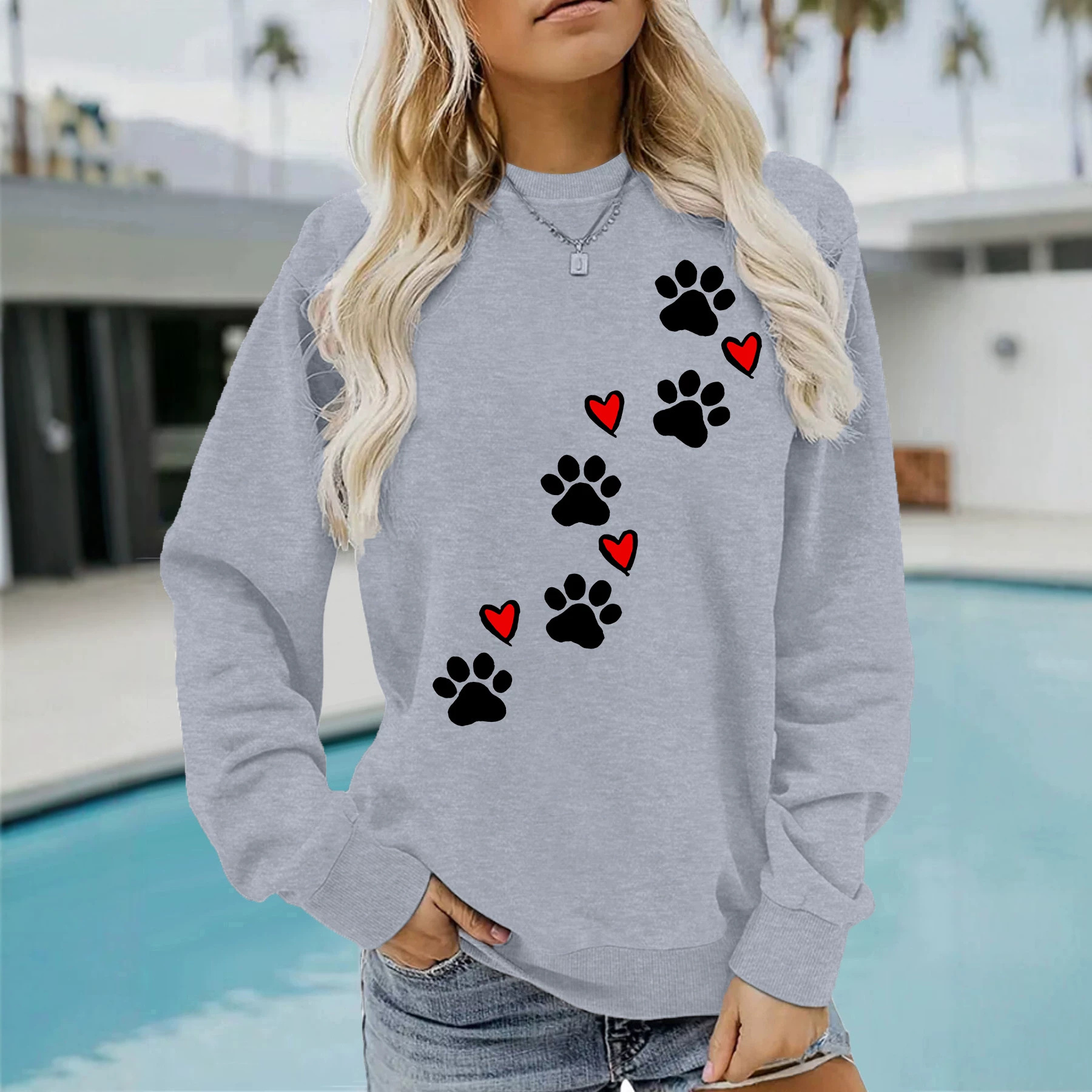 Cat paw print round neck fleece hoodie — image 3