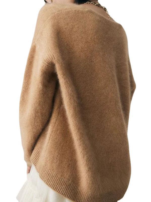 Women's Faux Mink V-Neck Long Sleeve Pullover Sweater Loose Knit Top — image 6