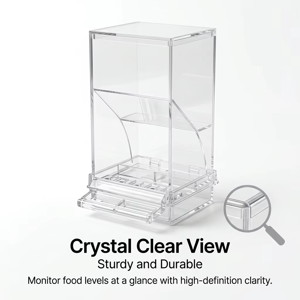 No Mess Automatic Bird Feeder Clear Acrylic Seed Dispenser Spill-Proof Parrot Feeder Cage Accessories for Budgies Parakeet Cockatiel Finch — image 7