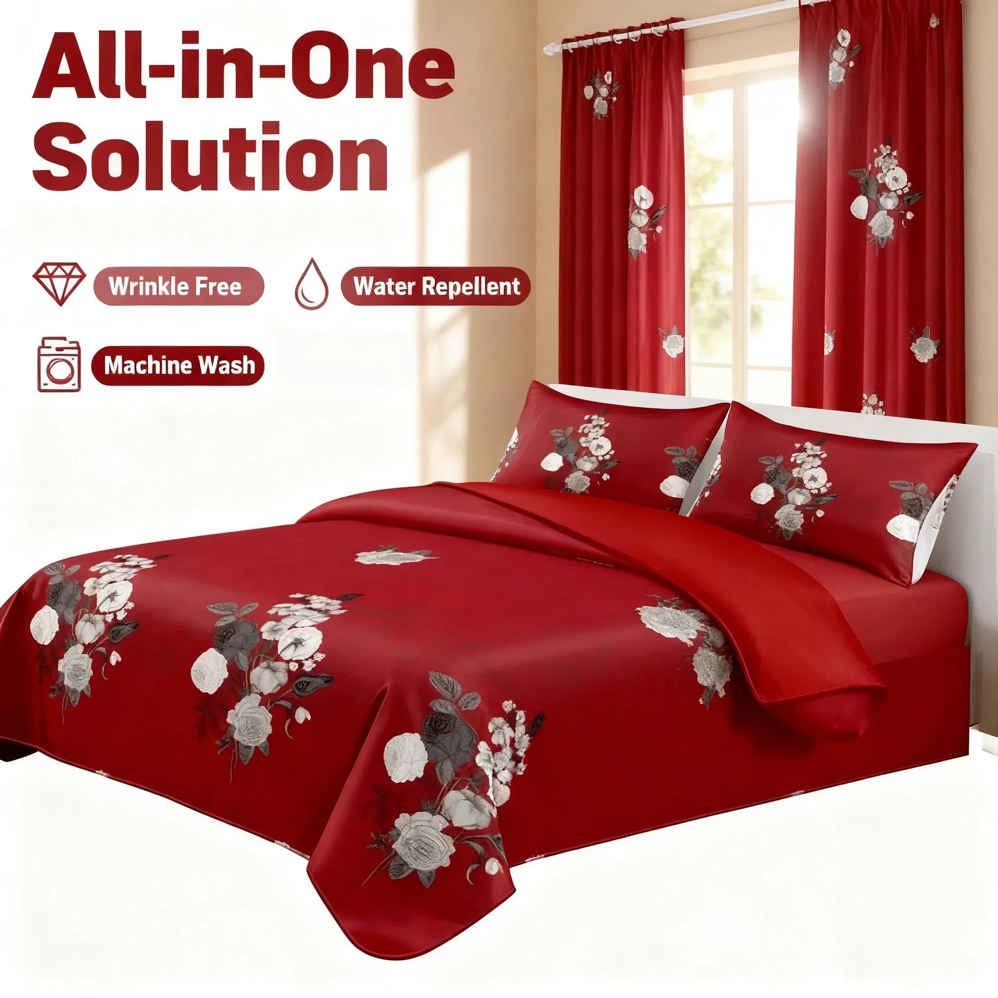 9-Piece Burgundy Red Floral Bedding & Curtain Combo Set, Vibrant Crimson Quilted Bedspread with 6 Light Filtering Window Panels & 2 Shams, Easy Care Microfiber Coverlet, Pet Friendly — image 13