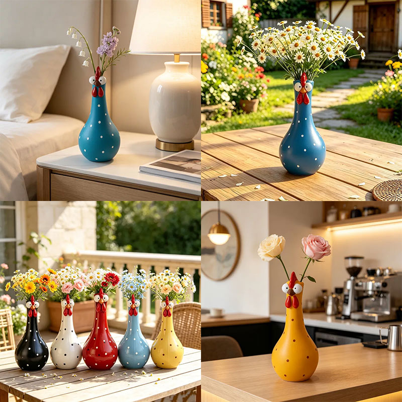 Hand-Painted Rooster Vase Sculpture | Long Neck Cartoon Rooster Decor with Colorful Polka Dots | Waterproof Resin Home Accent — image 8