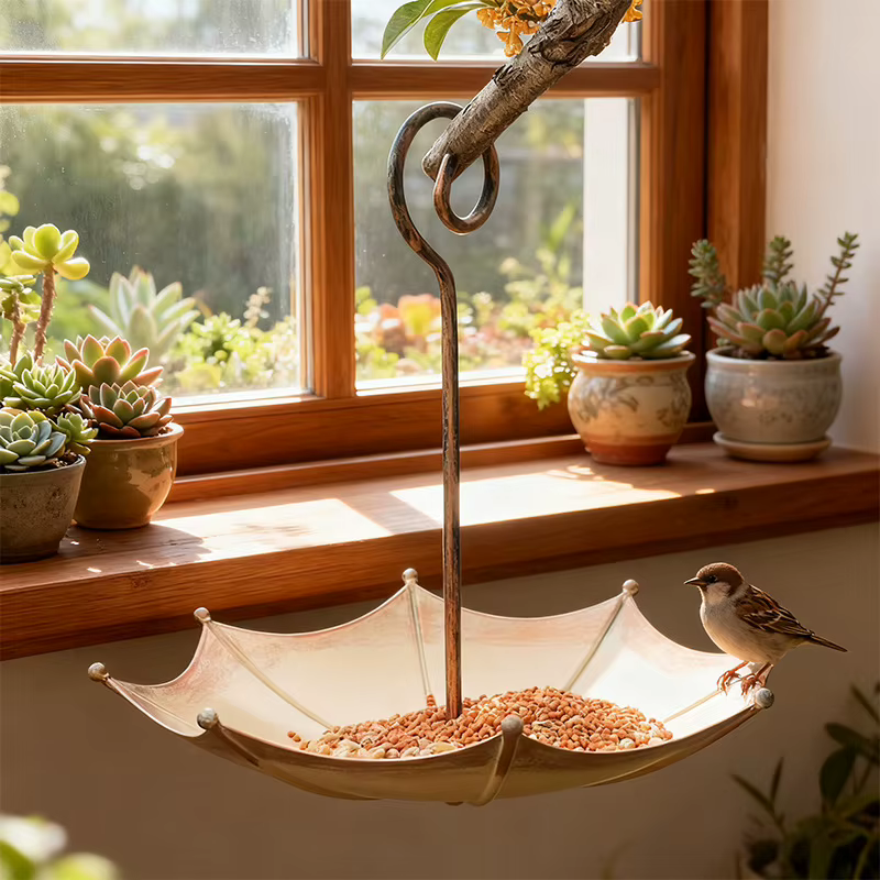 Vintage Mini Copper Umbrella Bird Feeder Outdoor Hanging Decor for Courtyard & Garden Landscape Ornament