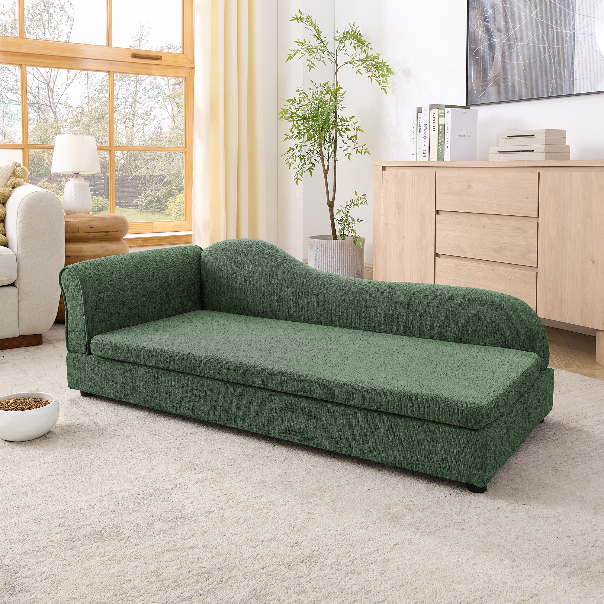 Oversized Pet Sofa For Medium Large Dogs - Modern Irregular Wave Backrest, Single Armrest, Premium Breathable Linen Fabric, Soft Cushion & Low Plastic Feet-Olive Green — imagen 3
