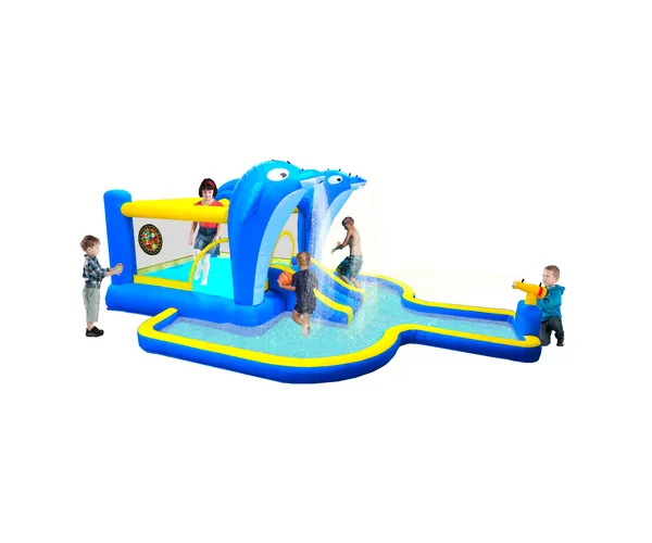 8 In1 Inflatable Slide Water Park Trampoline Bouncing House Outdoor Garden With Dolphin Sprinkler & Target Games & Water Gun & Basketball — imagen 5
