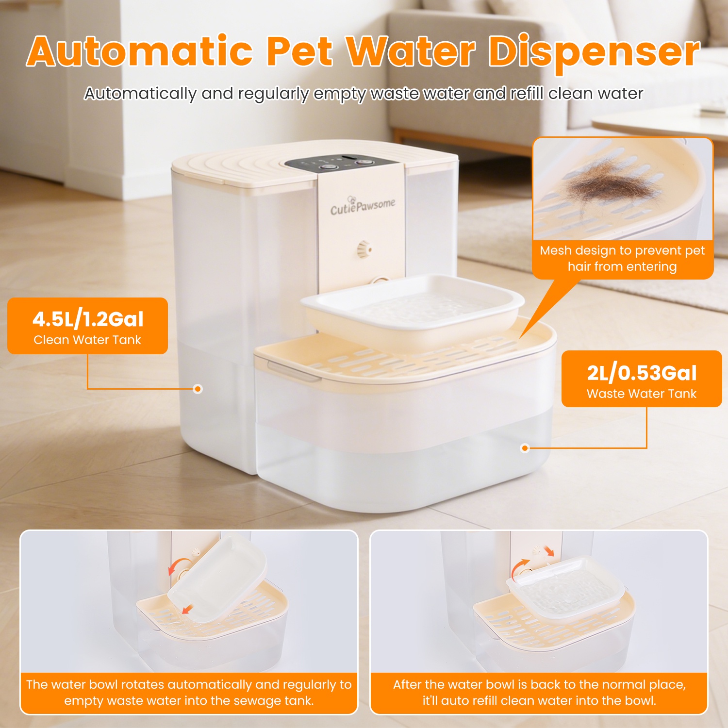 Fuente de Agua Inteligente para Mascotas Dispensador Automático de Agua para Gatos 4.5L Fuente de Agua para Perros Recargable e Inalámbrica con Autorrelleno, 3 Volúmenes Ajustables, 3 Intervalos de Tiempo, Control Remoto y Cepillo de Limpieza — imagen 9