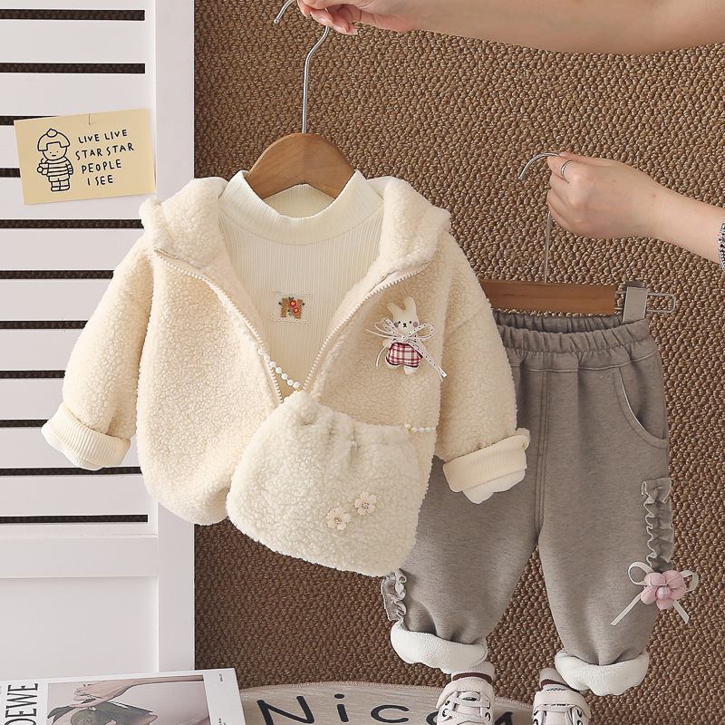 Girls' Floral Rabbit Print Fleece Lined Winter Three-Piece Set — image 7