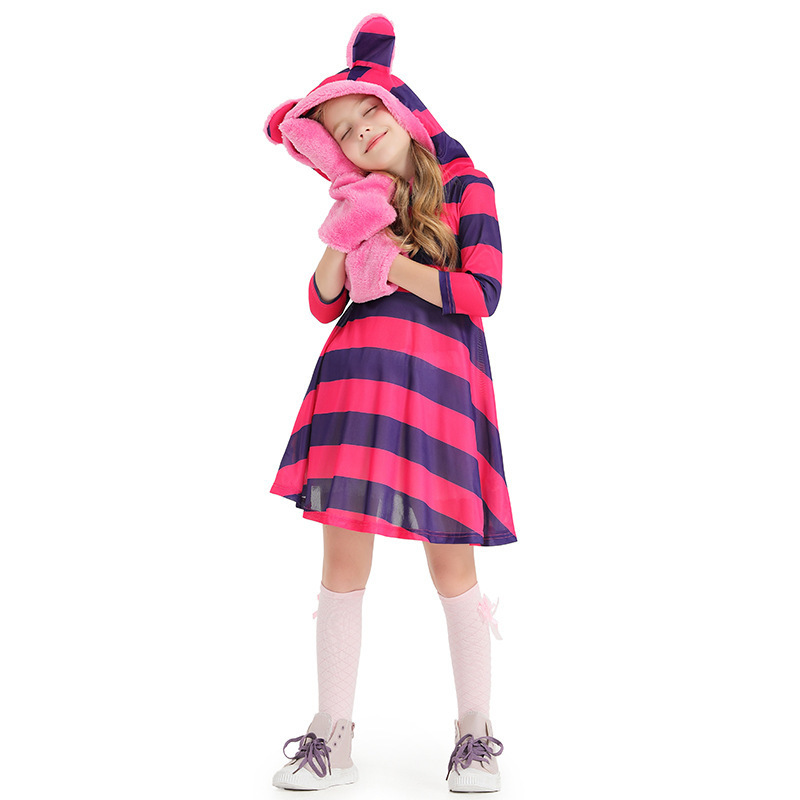 Cute Cat Paw Printed Dress for Kids - Purple Striped Smiling Cat Design, Children's Performance Outfit — image 7