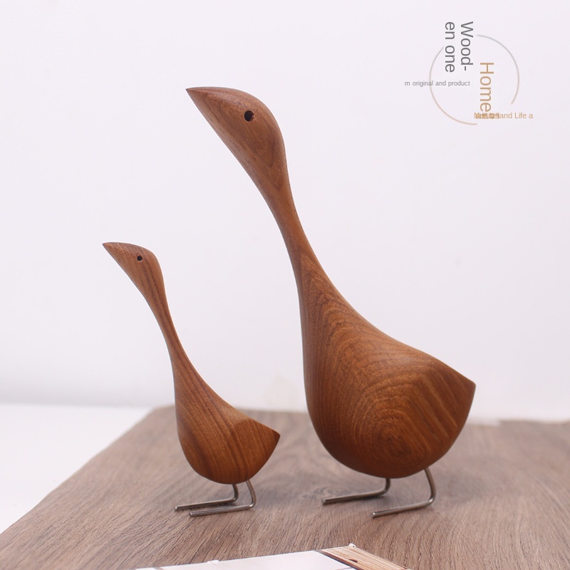Swan Wooden Figurine Creative Desktop Home Decor Wood Carved Goose Craft Carving Nordic Figurine — image 1