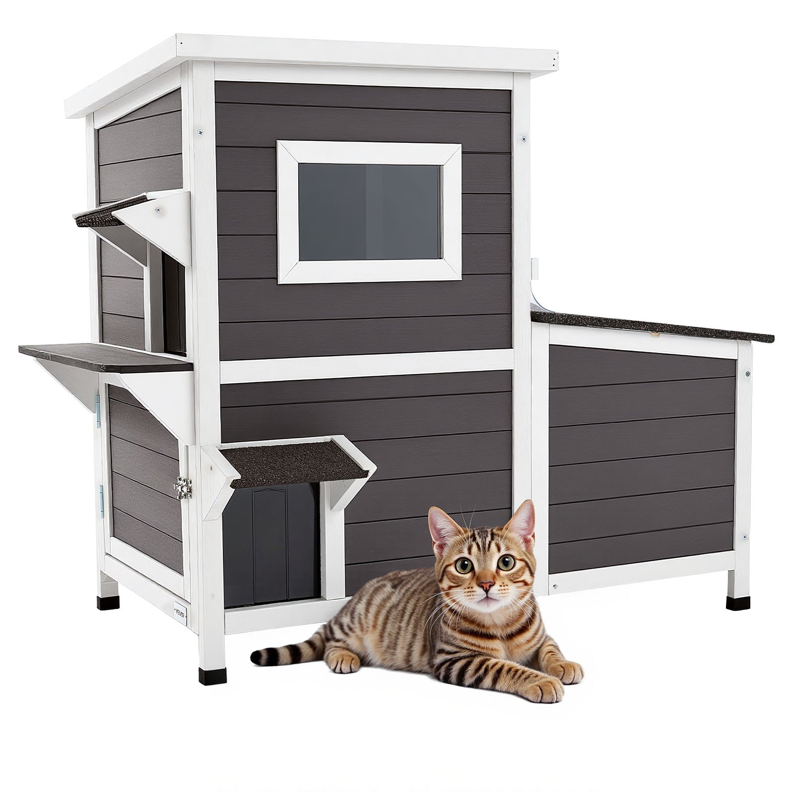 Casa de Perro al Aire Libre 2 Niveles, Refugio de Madera para 3 Gatos Exteriores en Invierno, Alcoba con Escaleras para Gatos Ferales con Ventanas Claro y Puertas de Velo, Condominios de Gatos Impermeables para Jardín 42 × 25 × 34 Pulgadas — imagen 1