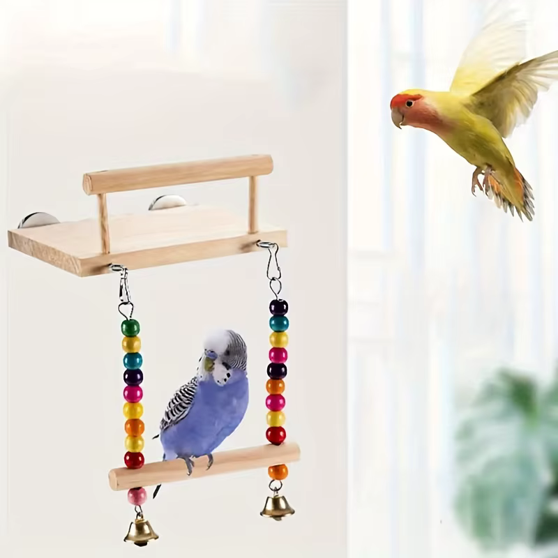 Wooden Bird Perch Platform Stand Parrot Swing Toys Bird Hanging Swing Playstand with Chewing Beads Bird Toys — image 5