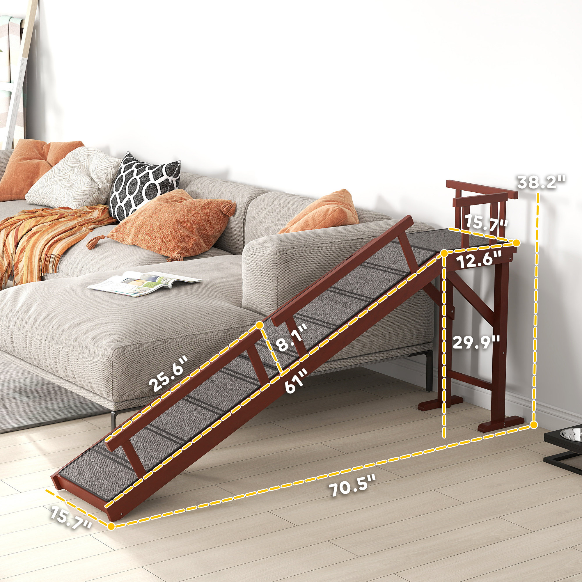 Wooden Dog Ramp with Removable Guardrails, Non-Slip Surface, 70.5" Long, Brown — imagen 7