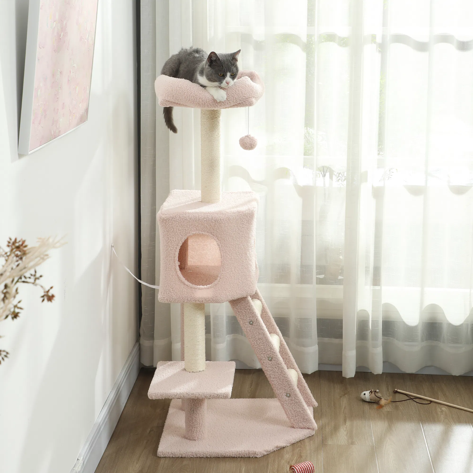 47" Tall Cat Tree Tower with Condo, Ladder, Scratching Posts and Hanging Ball, Pink — image 5