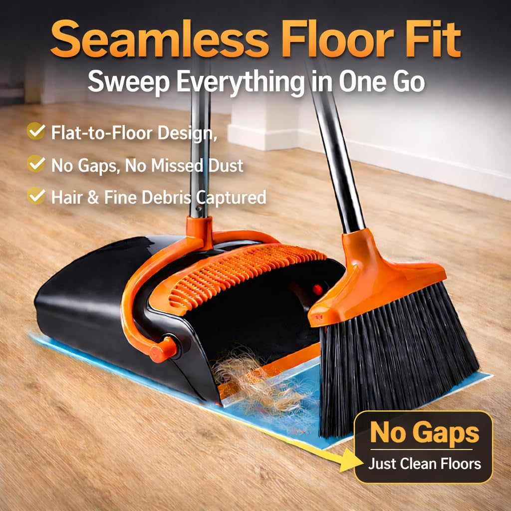 Long Handle Broom And Dustpan Set, Upright Self-Cleaning Combo With Windproof Dustpan And 6 Bonus Tools For Pet Hair Cleaning — image 2