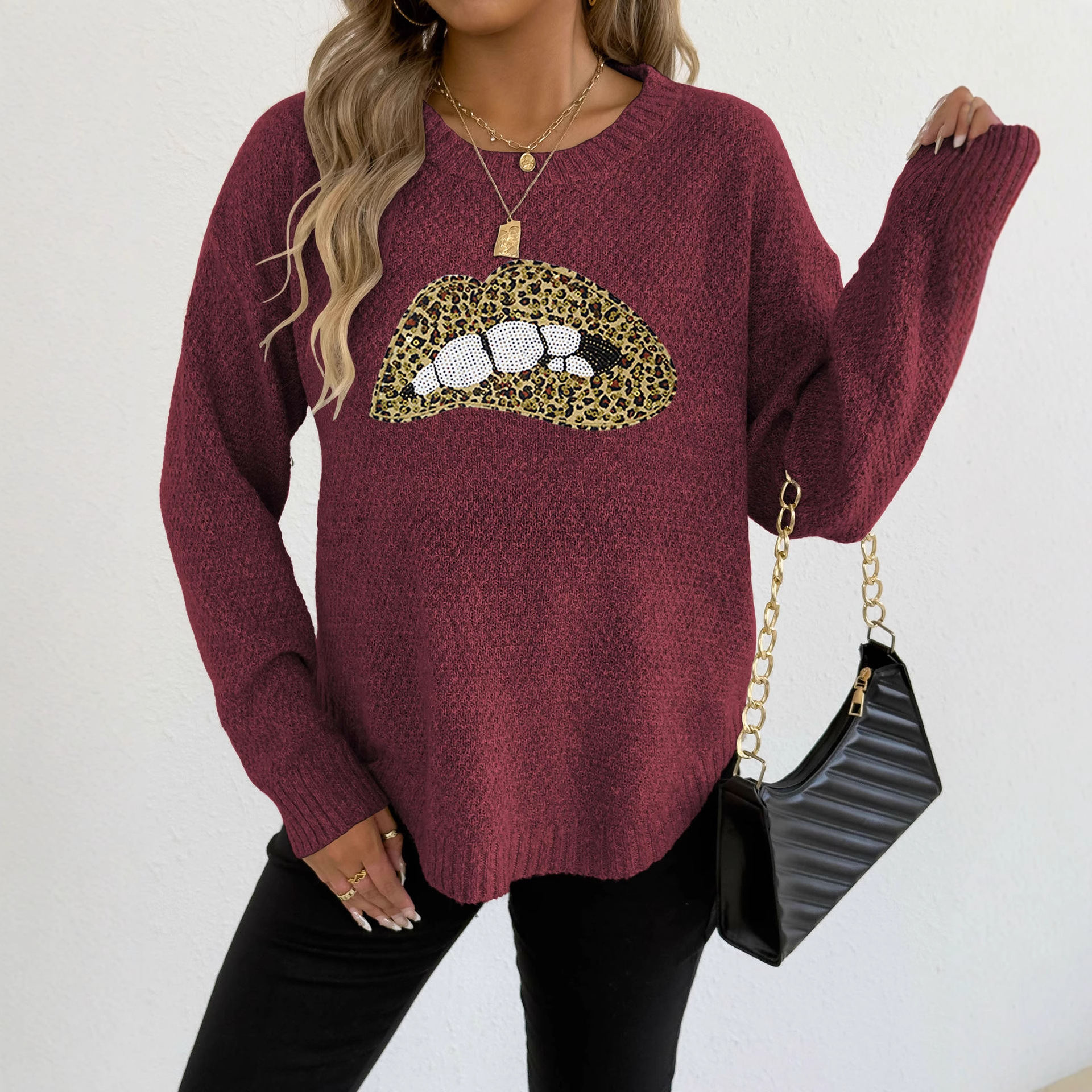 Women's leopard print embroidered sequin lip design round neck pullover sweater — image 4