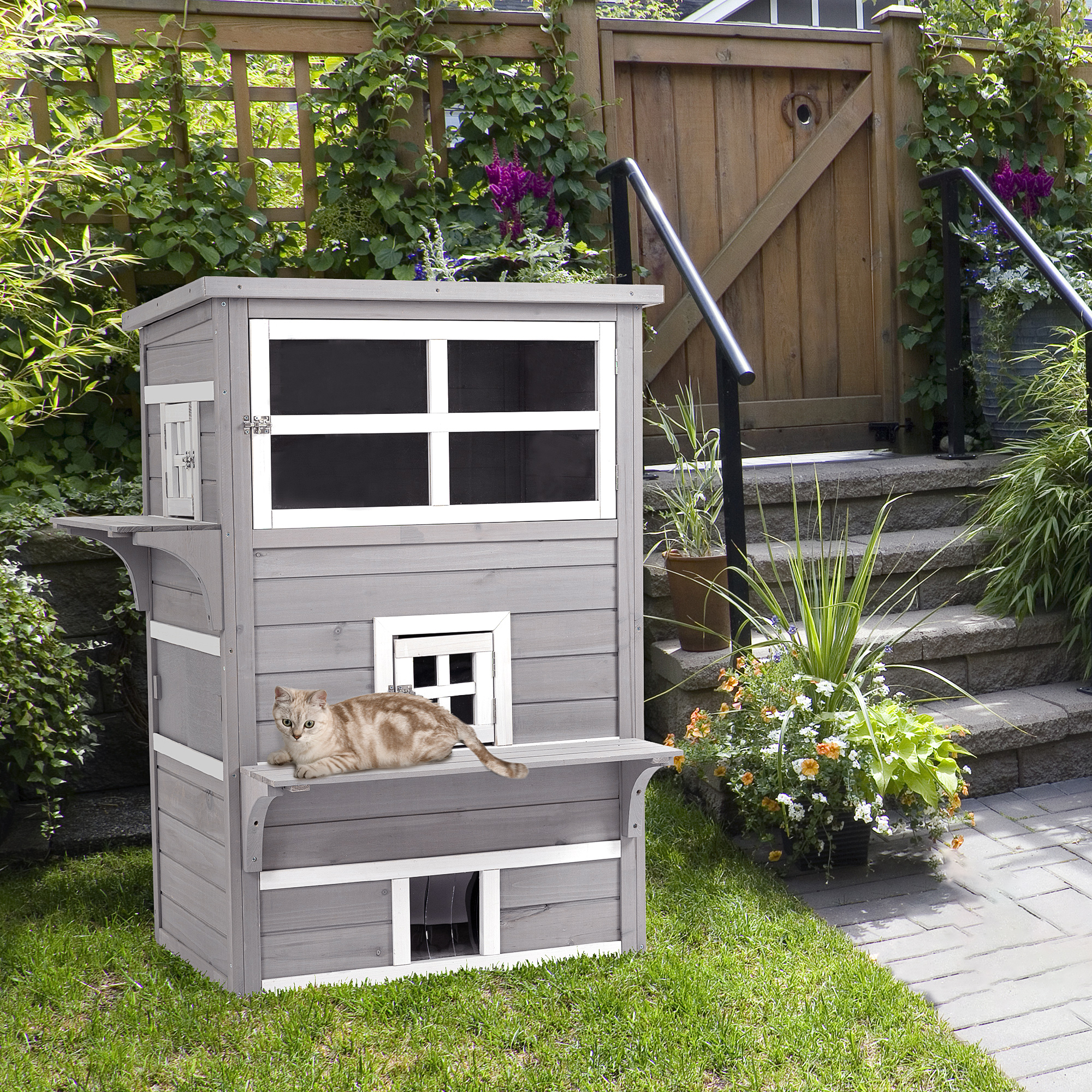 Casa de Jardín para Gatos, 3 Niveles con 5 Puertas de Escape, Resistente al Tiempo, Gris y Blanco — imagen 7