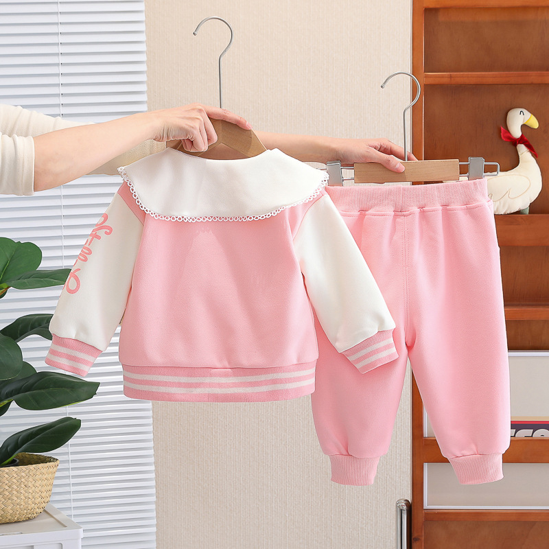 Girls 0-4 Years Old Rabbit Print Zipper Hoodie Pants Set with Wide Collar — image 4