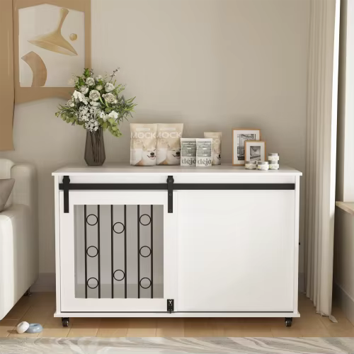 39.37'' White Indoor Dog Crate End Table - Wooden Kennel with Sliding Barn Door, Side Door & Lockable Wheels for Small/Medium Do — image 2