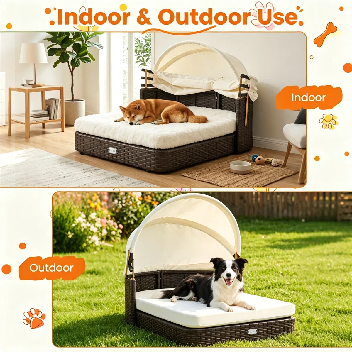 Hand-Woven PE Rattan Dog Bed with Adjustable Canopy, Elevated Outdoor Pet Daybed with Washable Plush Cushion, Anti-Slip Breathable Pet Shelter for Indoor Patio Garden-White — image 9