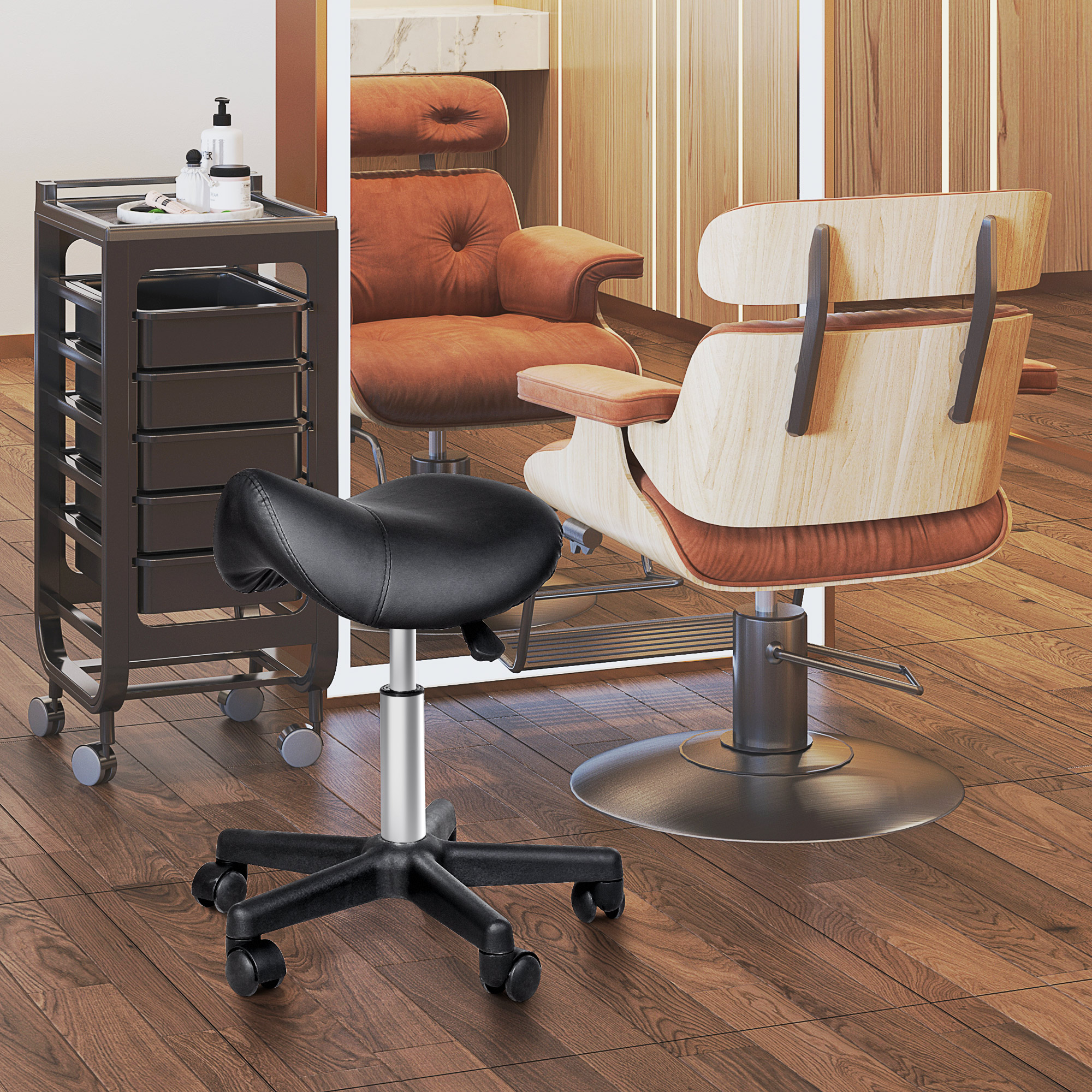 Rolling Saddle Stool, Swivel Salon Chair, Ergonomic Faux Leather Stool, Adjustable Height with Wheels for Spa, Salon, Massage, Office, Black — image 1
