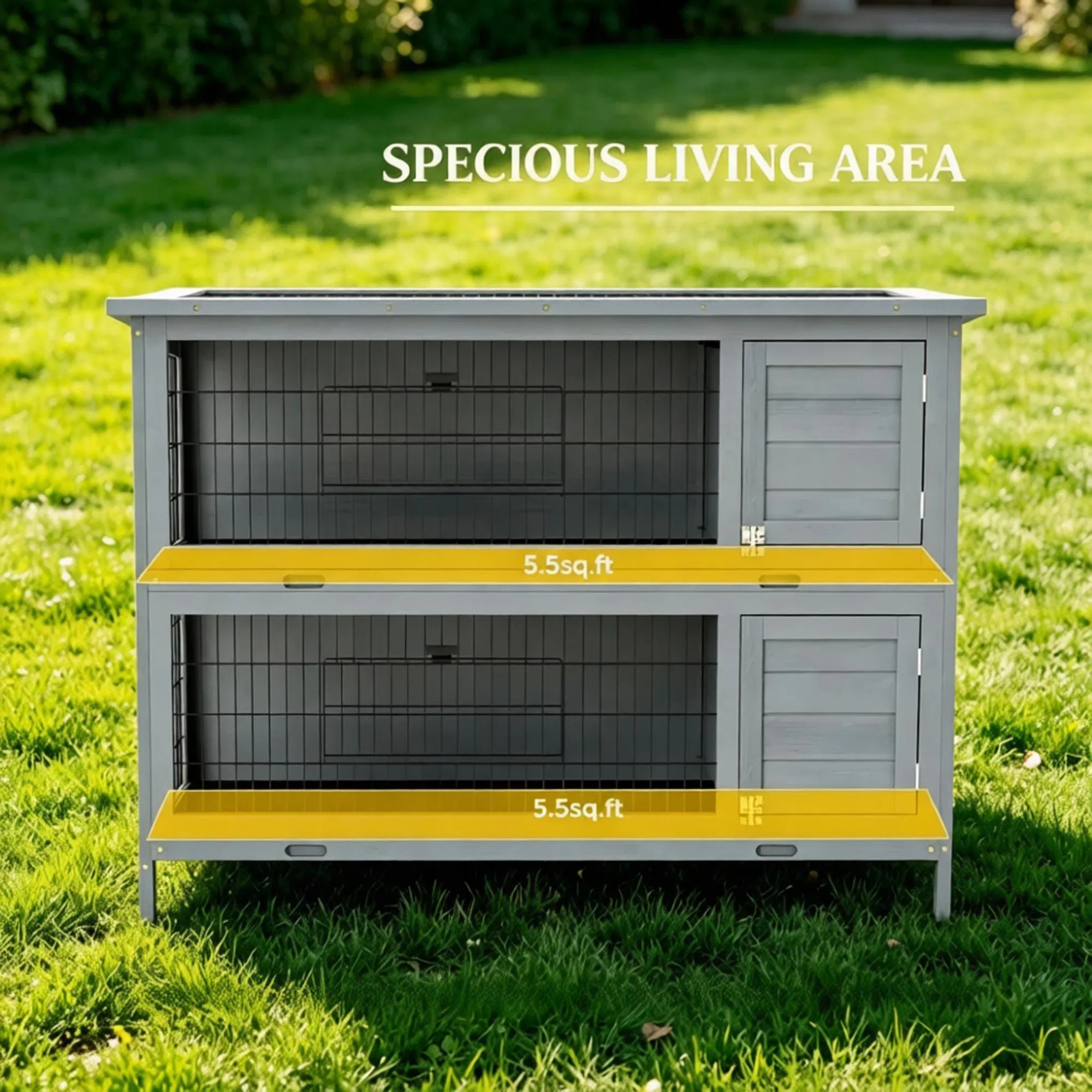 54" 2-Story Large Rabbit Hutch, Bunny Cage, Wooden Pet House, Small Animal Habitat, Gray with Lockable Doors, Tray, Roof — image 6
