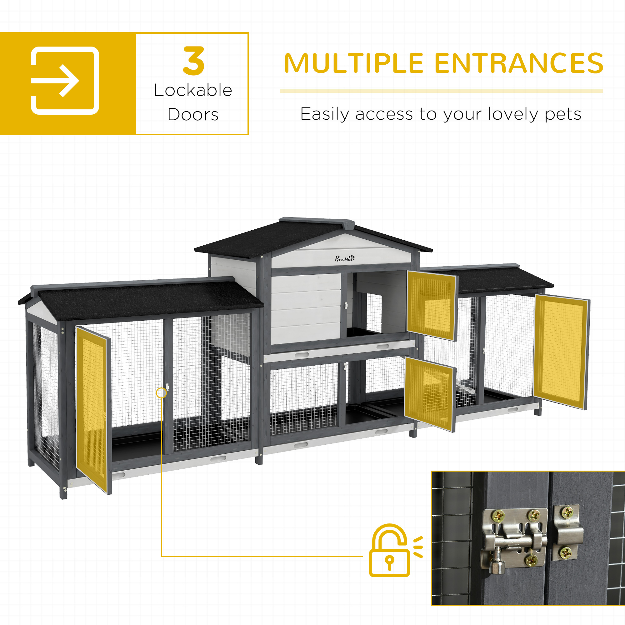 90.5" Wooden Rabbit Hutch Bunny Cage Pet Playpen House Enclosure with Double Side Run Boxes, No Leak Tray, Ramp, for Rabbits, Chickens, Ducks, Guinea Pig and Small Animals, Light Gray — image 3
