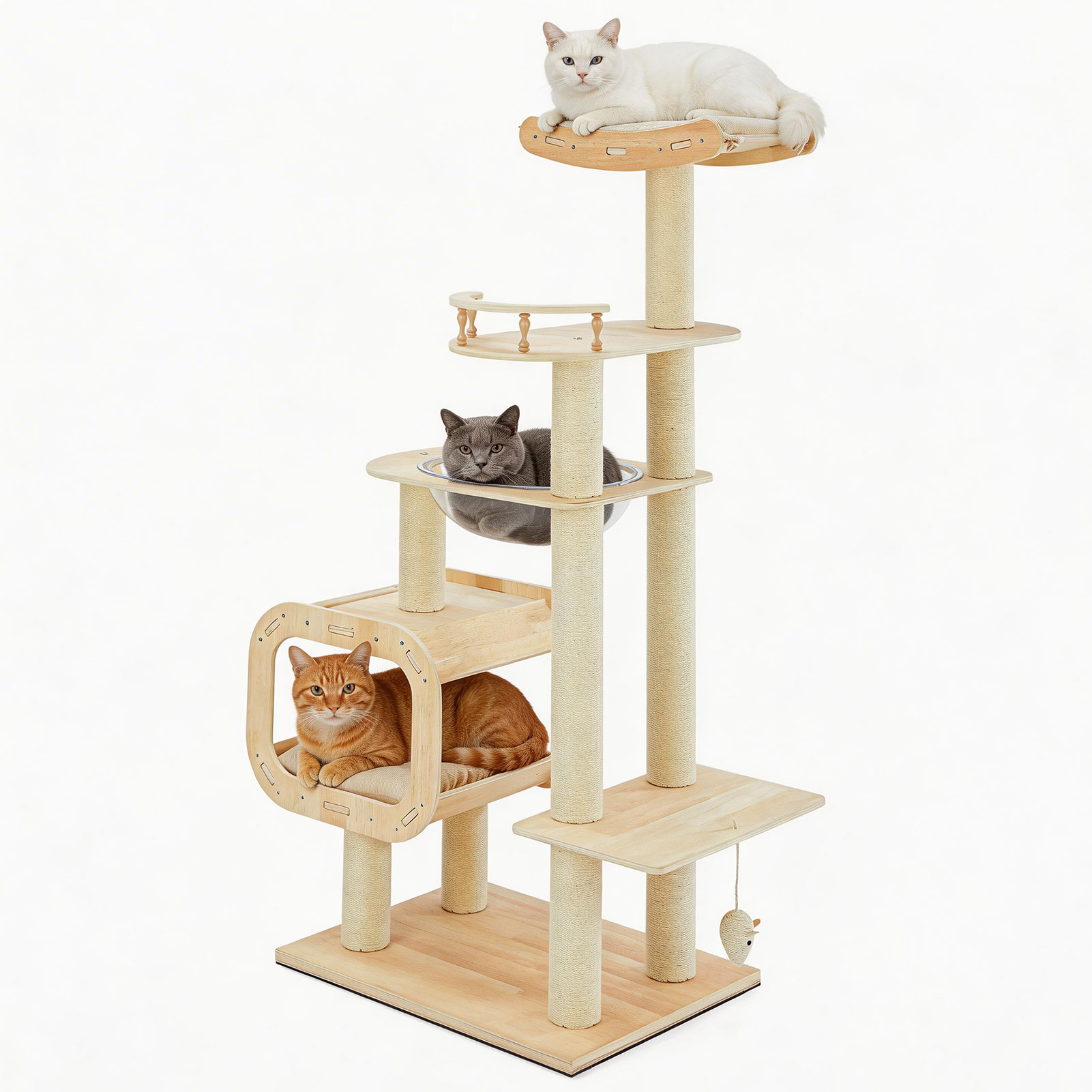 Modern Heavy-Duty No-Drill Cat Tree-Solid Wood Multi-Story Board, 4-Story Multi-Column Cat Tower, 57.9in For Multi-Cat Households, Open Condo, Space Capsule & Perch, Natural Wood Indoor Pet Furniture — image 9