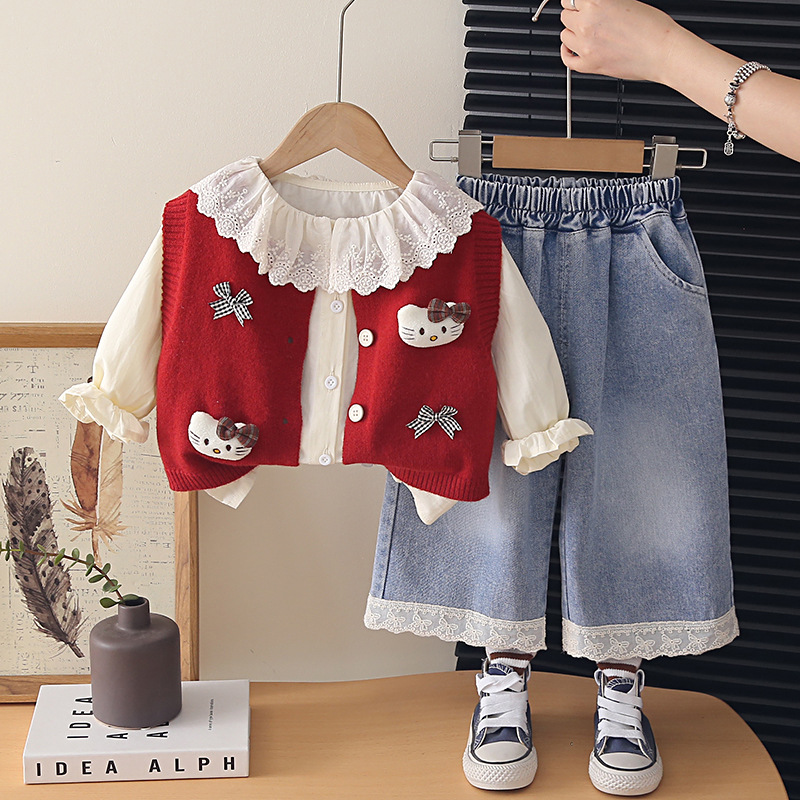 Toddler Girls Spring Autumn Kitten Pattern Knit Vest and Pants Set — image 5