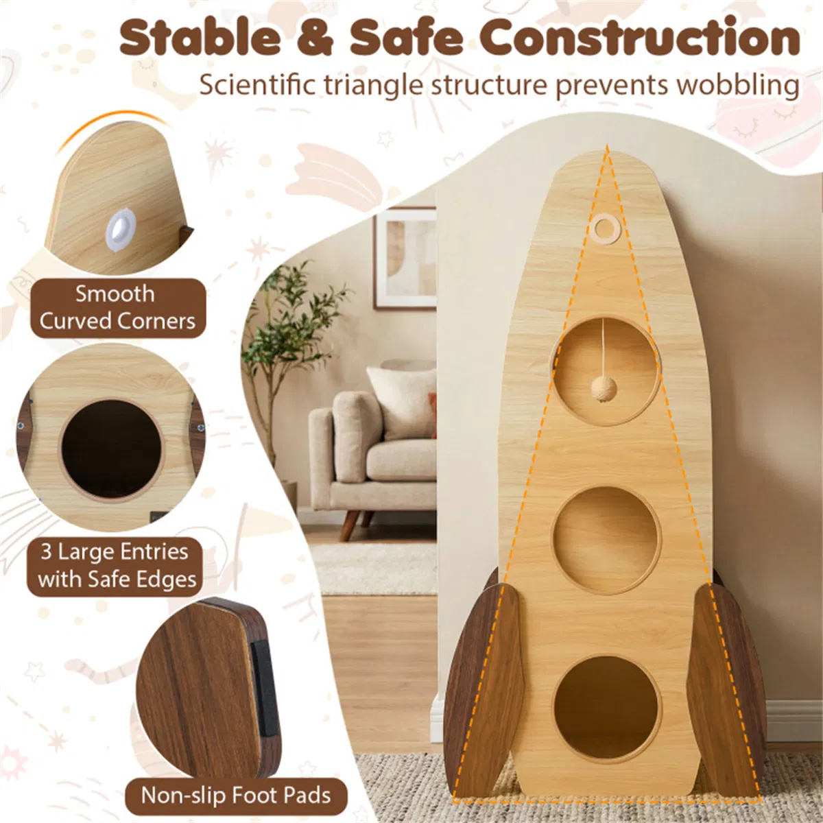 4-Tier Rocket Shape Cat Tree with 2-Tier Condo Sisal Scratch Pad Hanging Pompom Natural+White — image 8