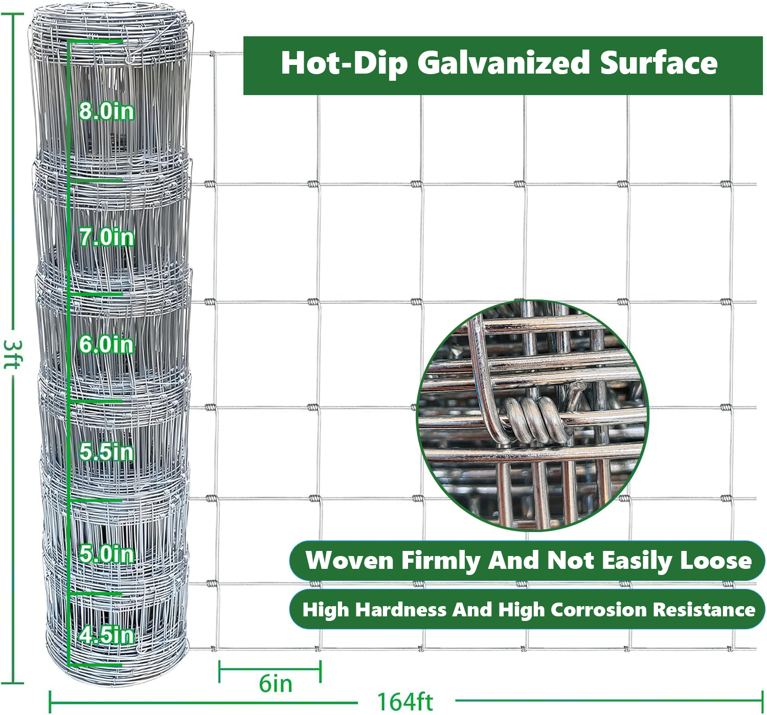 Farm Fence 3ft X 164ft 14Gauge Heavy Zinc Coating Cattle Fence, Galvanized Field Wire Fencing Deer Fence, Goat Fence, Hog Wire Fencing For Yard Livestock & Animals Protection — imagen 3