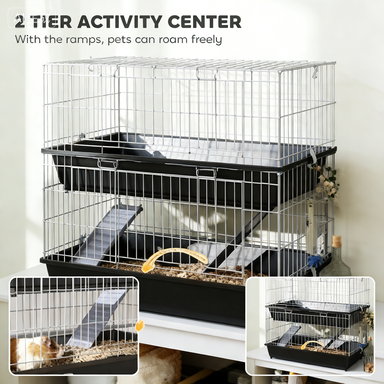 PawHut 2-Tier Small Animal Cage With 2 Doors, Trays, Dish, Bottle, And Ramp For Bunny, Ferret, Chinchilla, Black — imagen 9