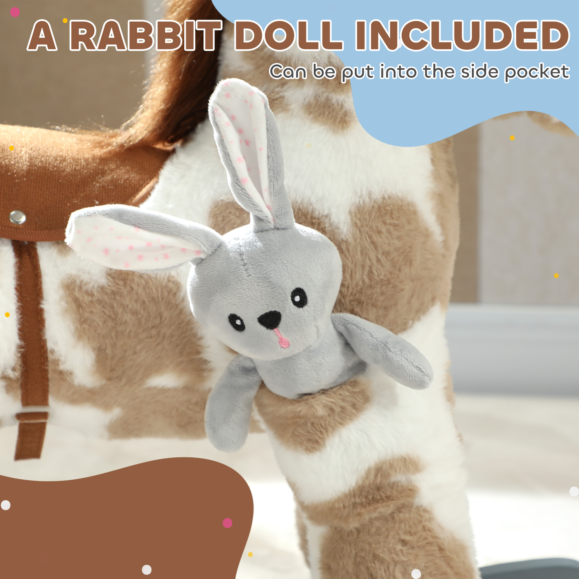 Caballo de Madera que Se Mueve, Caballito de Tela para Niños con Sonidos y Oso de Peluche para Aventuras Imaginativas de 2 a 5 Años, Marrón — imagen 7