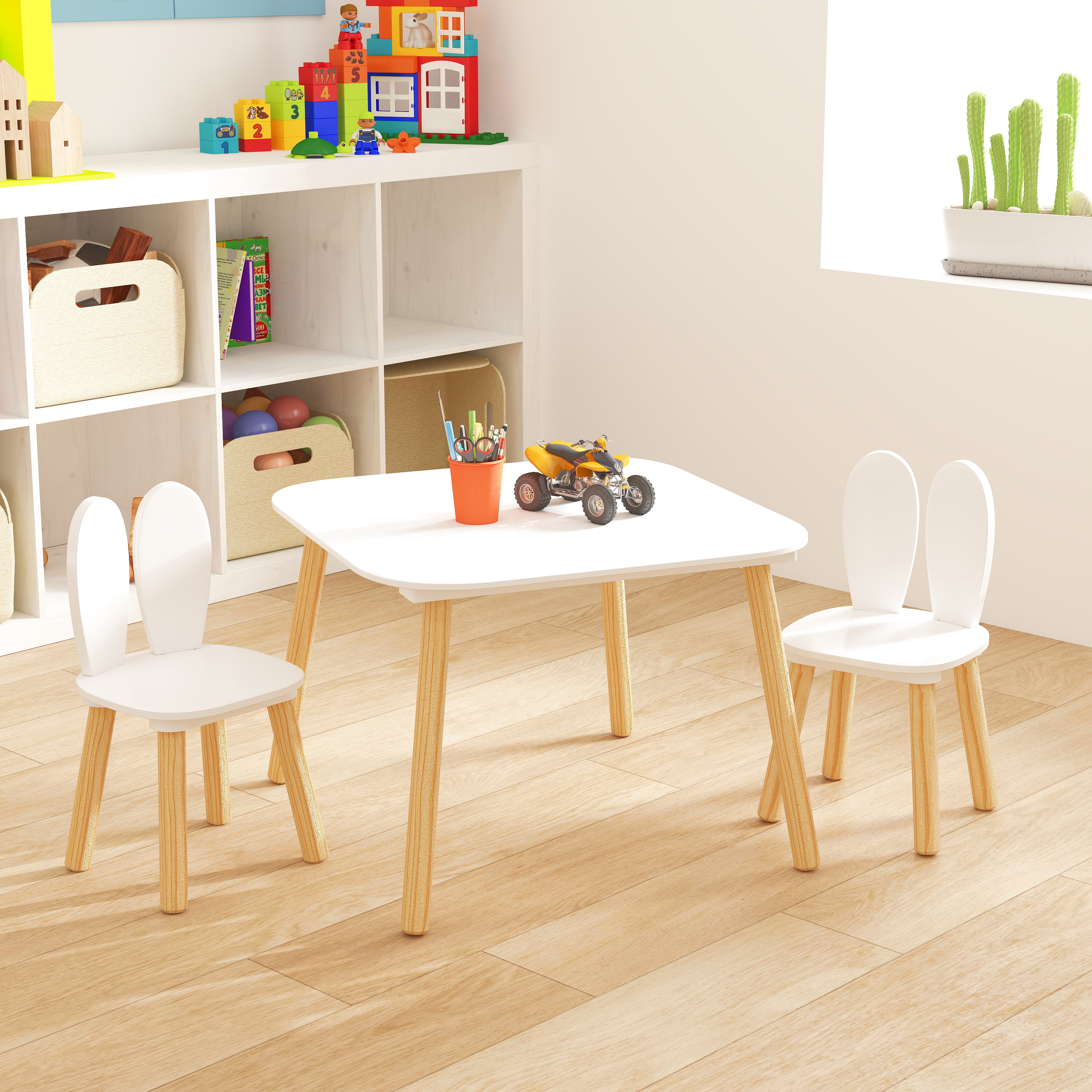 Conjunto de Mesa y 2 Sillas para Niños, 3 Piezas - Mesa Temática Conejo para Bebés con Sillas de Orejas de Conejo, Mueble de Actividad para Pequeños en Madera Toda, Pintura Blanca — imagen 1