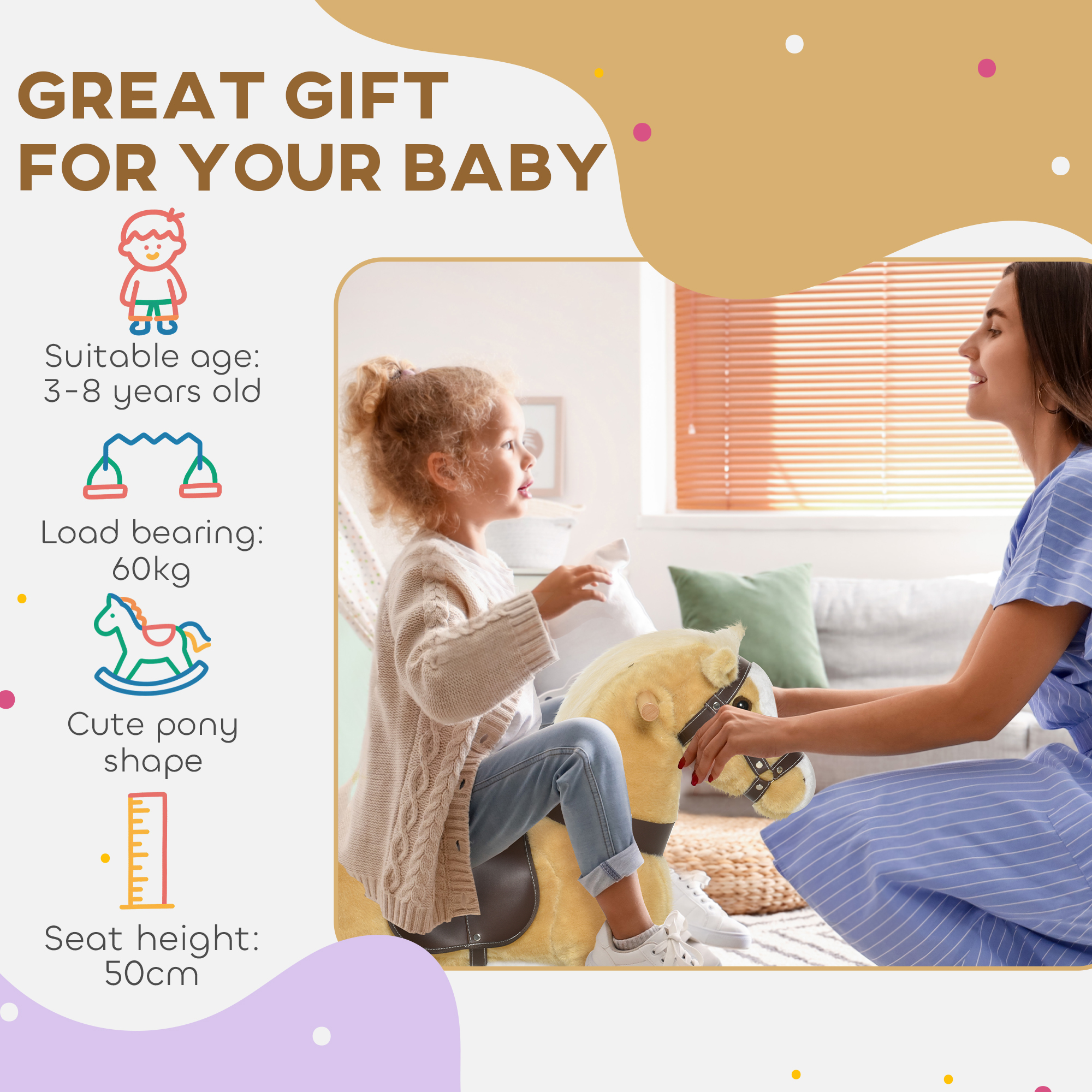 Caballo de Montar Plush, Caballo Andador para Niños con Ruedas, Edad 3-8 Años, Marrón Claro — imagen 2