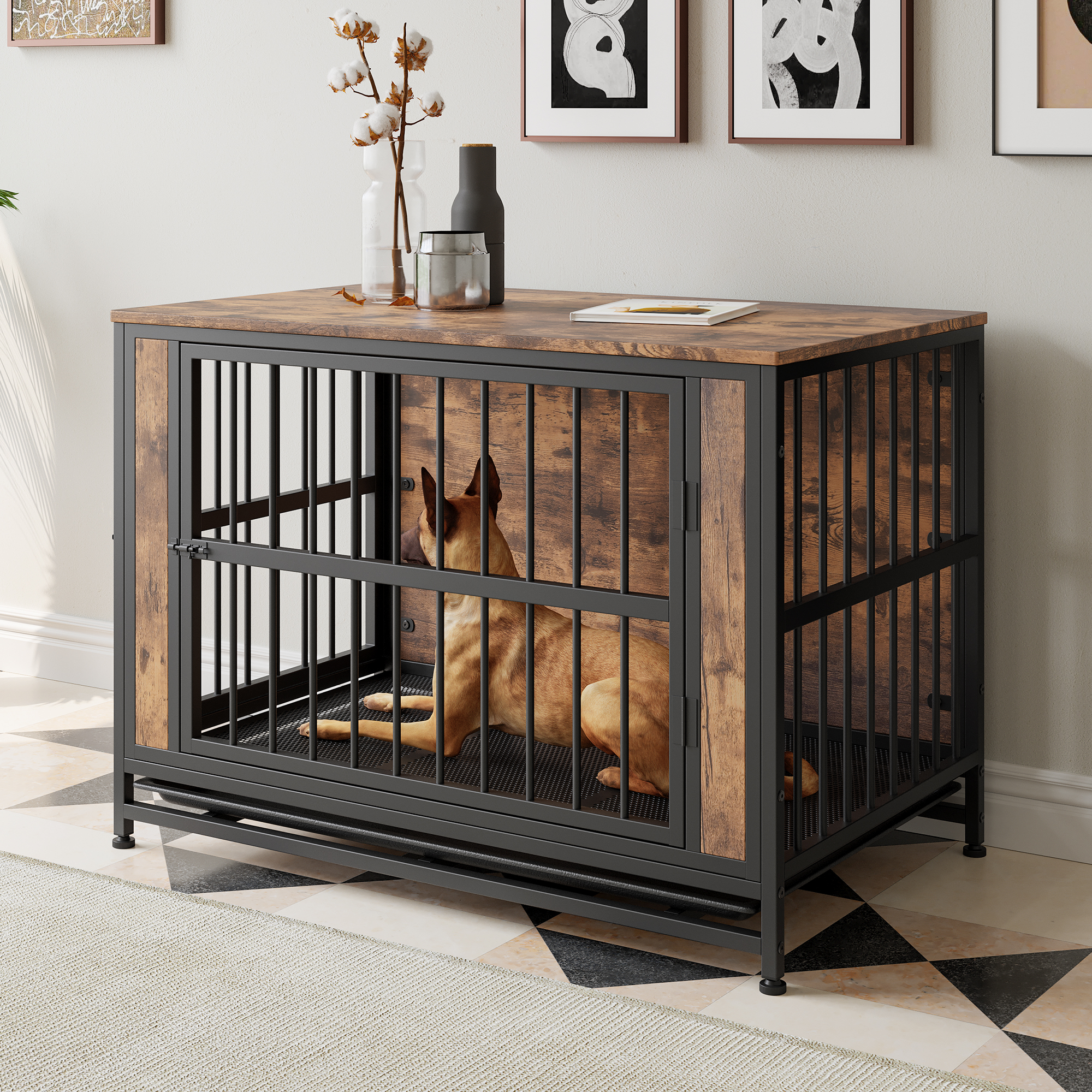 Mueble para Perros, Mesa de Caja para Perros en Madera, 38,9" Casa para Perros con 2 Puertas Deslizantes y Marco de Puerta de Hierro Grueso, Decorativo Refugio para Perros Grande/Medio/Pequeño para Uso Interior (Marrón Rustico) — imagen 1