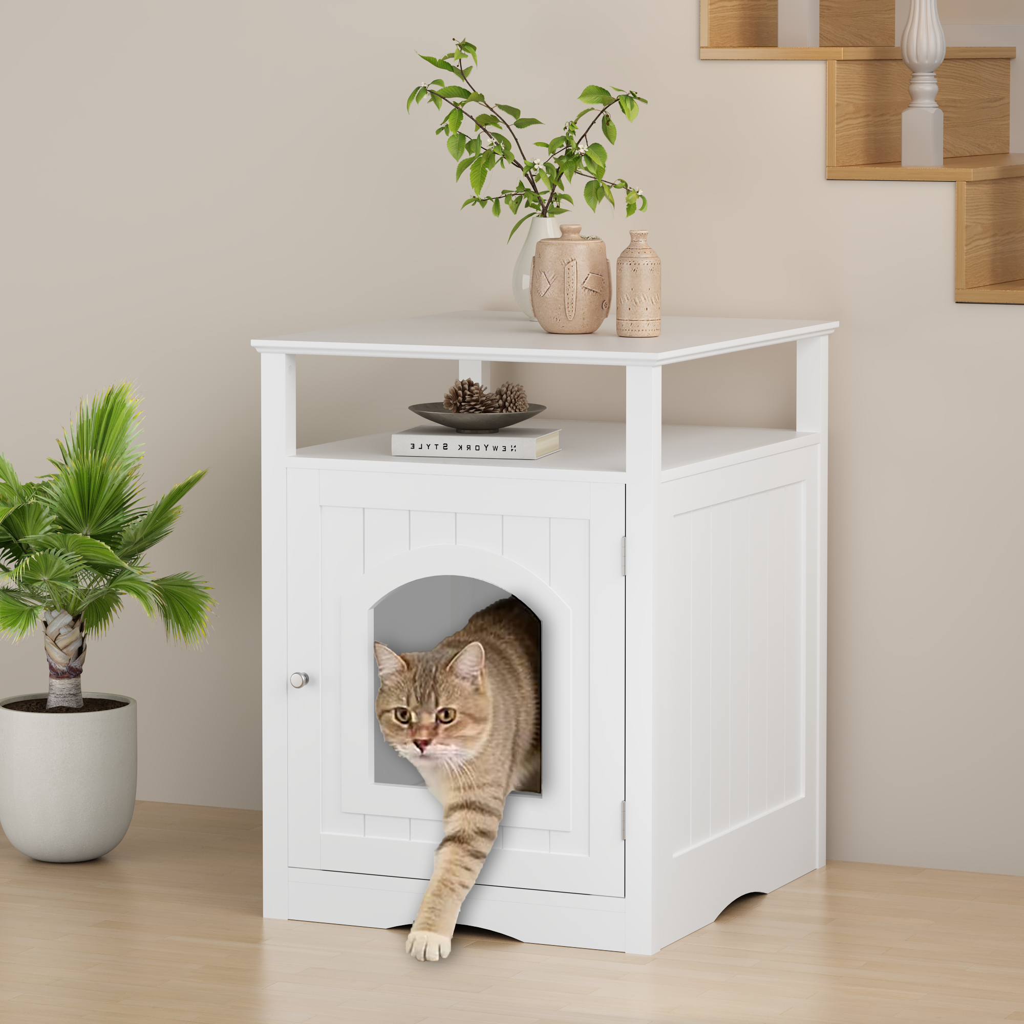 Cat Litter Box Enclosure Furniture, Indoor Wooden Cat House With Enclosed Cabinet, Hidden Litter Box Furniture With Storage Shelf, Modern Cat Condo Side Table For Living Room Or Bedroom White — image 3