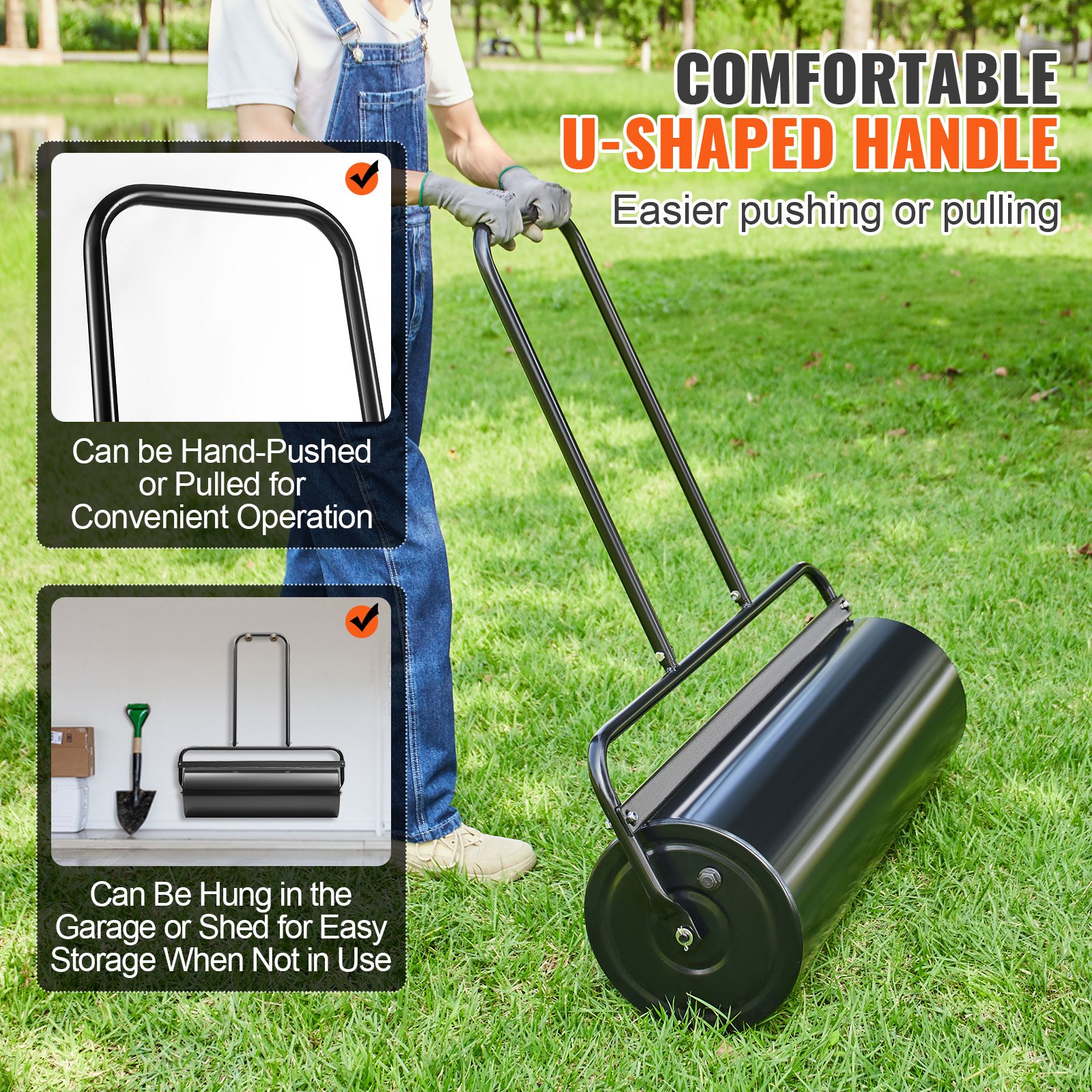 Lawn Roller, 17 Gallon Sand/Water Filled Yard Roller, Steel Sod Roller With Easy-turn Plug And U-Shaped Ergonomic Handle For Convenient Push And Pull, For Lawn, Garden, Farm, Park, Black — imagen 4