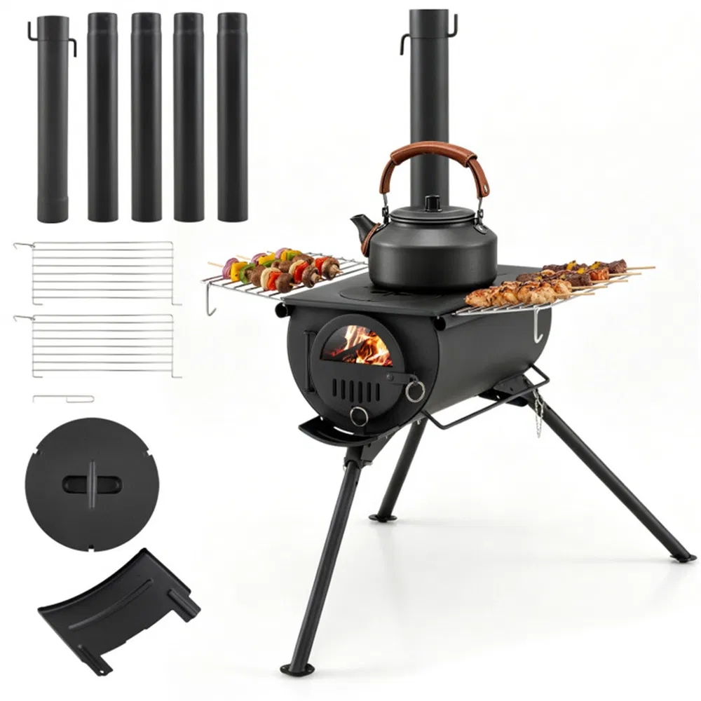 Estufa Portátil Plegable de Leña para Tiendas de Campaña con 5 Secciones de Chimenea, Estructura de Acero de Alta Resistencia para Camping y Caza con Ventana de Visión y Alistamientos de Cocina — imagen 4