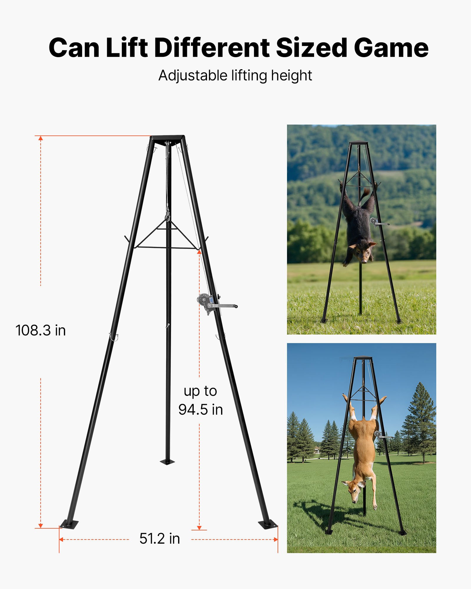 Tripode para levantar venados de 500 lbs, sistema de levantamiento con manivela y gancho, accesorio para caza y preparación de piezas — imagen 3