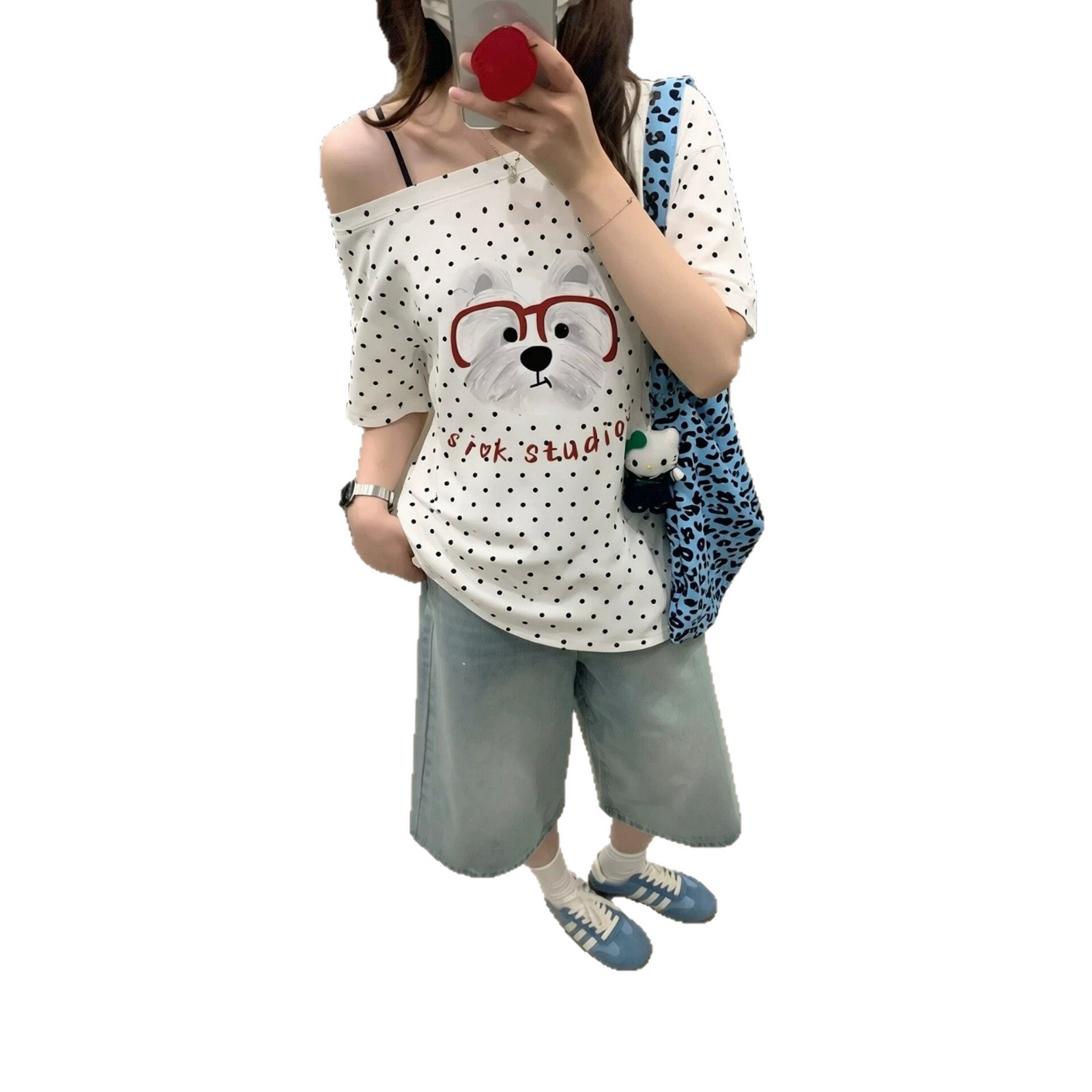 Dog Print Polka Dot Asymmetrical Shoulder Short Sleeve T-Shirt — image 2